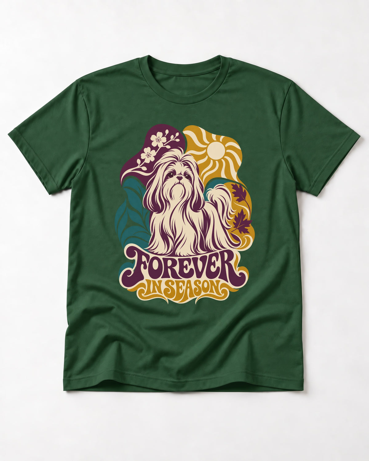 Shih Tzu Forever in Season Botanical Sun Graphic T-Shirt in Forest Green, flat lay product photo