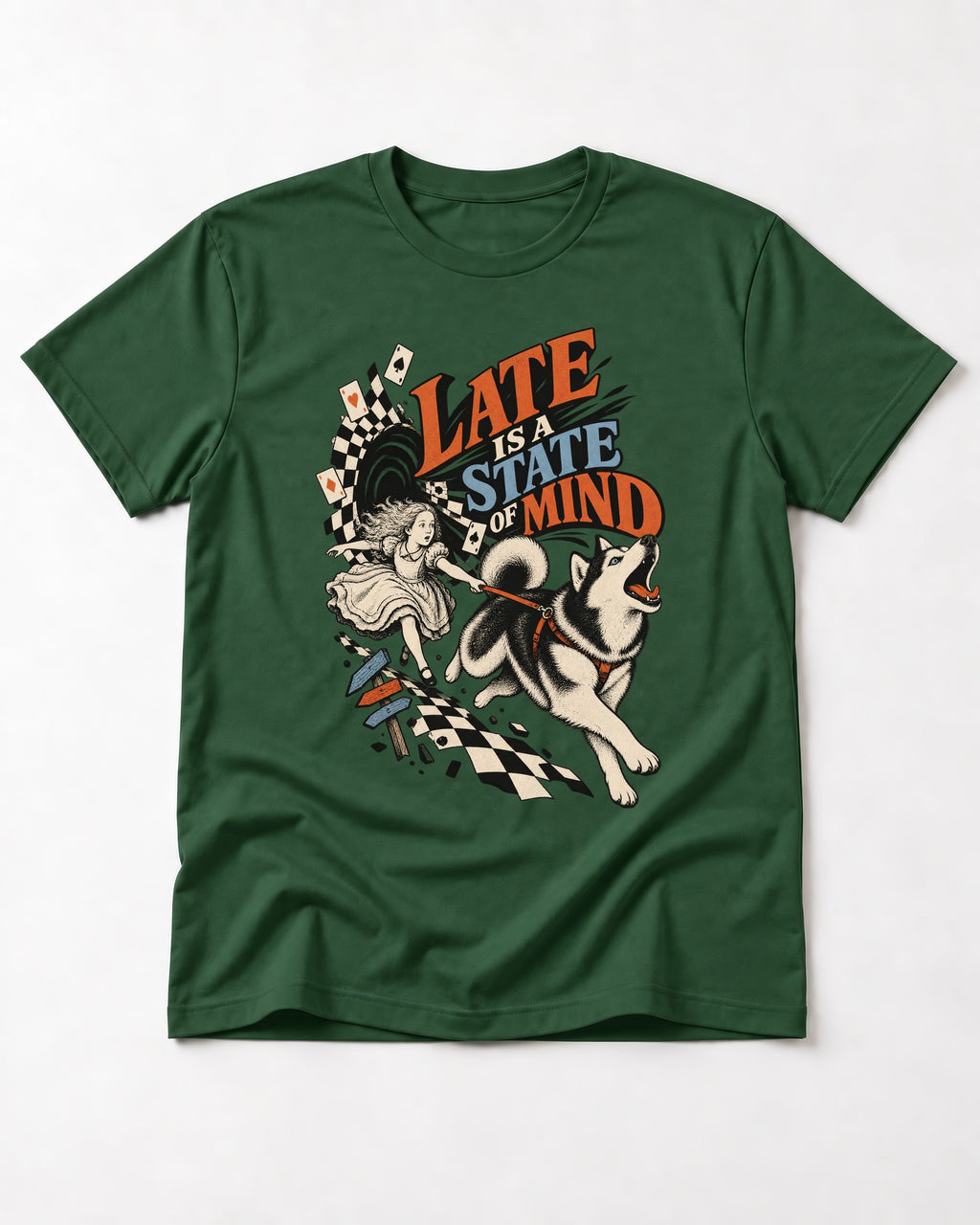 Husky Late Is a State of Mind Wonderland Chase Graphic T-Shirt in Forest Green, flat lay product photo