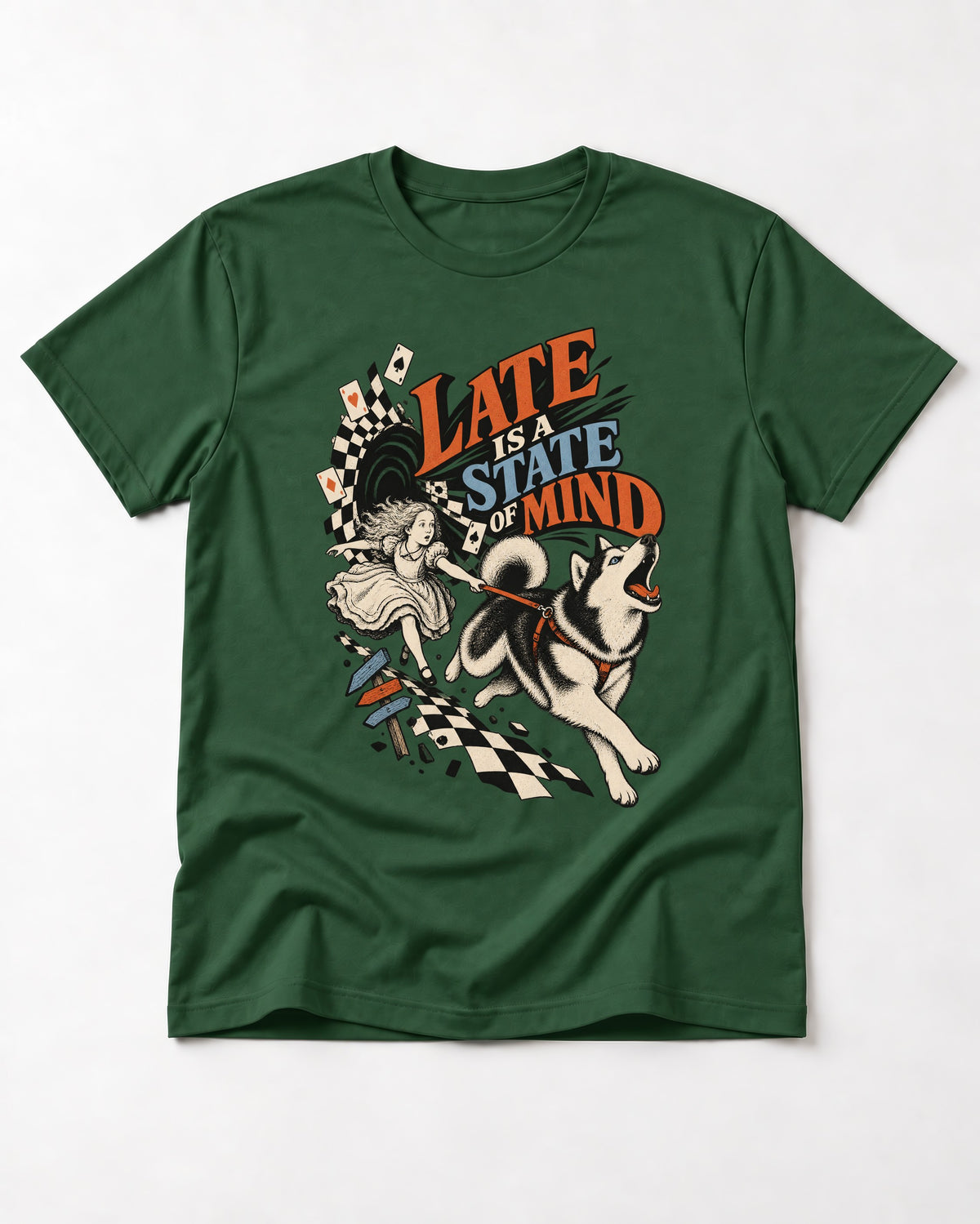 Husky Late Is a State of Mind Wonderland Chase Graphic T-Shirt in Forest Green, flat lay product photo