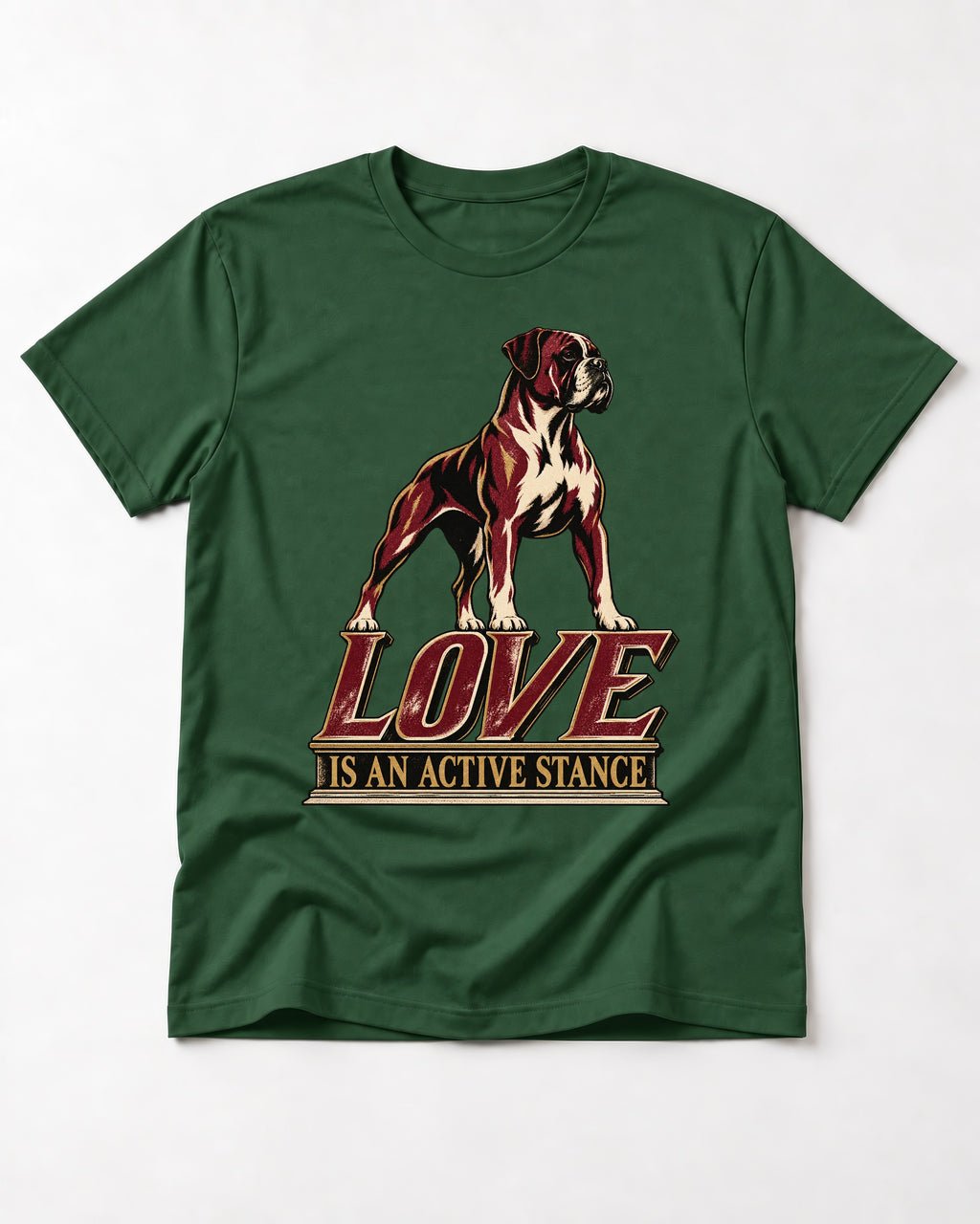 Love Is an Active Stance Boxer Pedestal Graphic T-Shirt in Forest Green, flat lay product photo