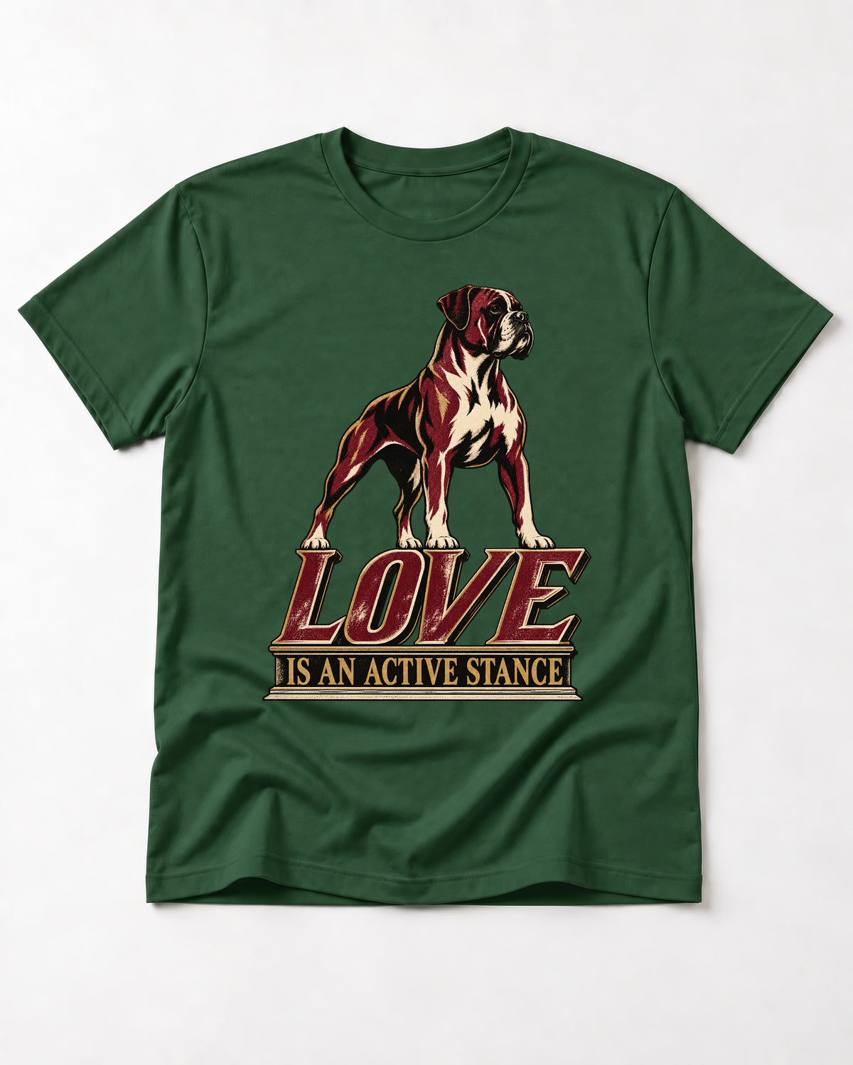 Love Is an Active Stance Boxer Pedestal Graphic T-Shirt in Forest Green, flat lay product photo
