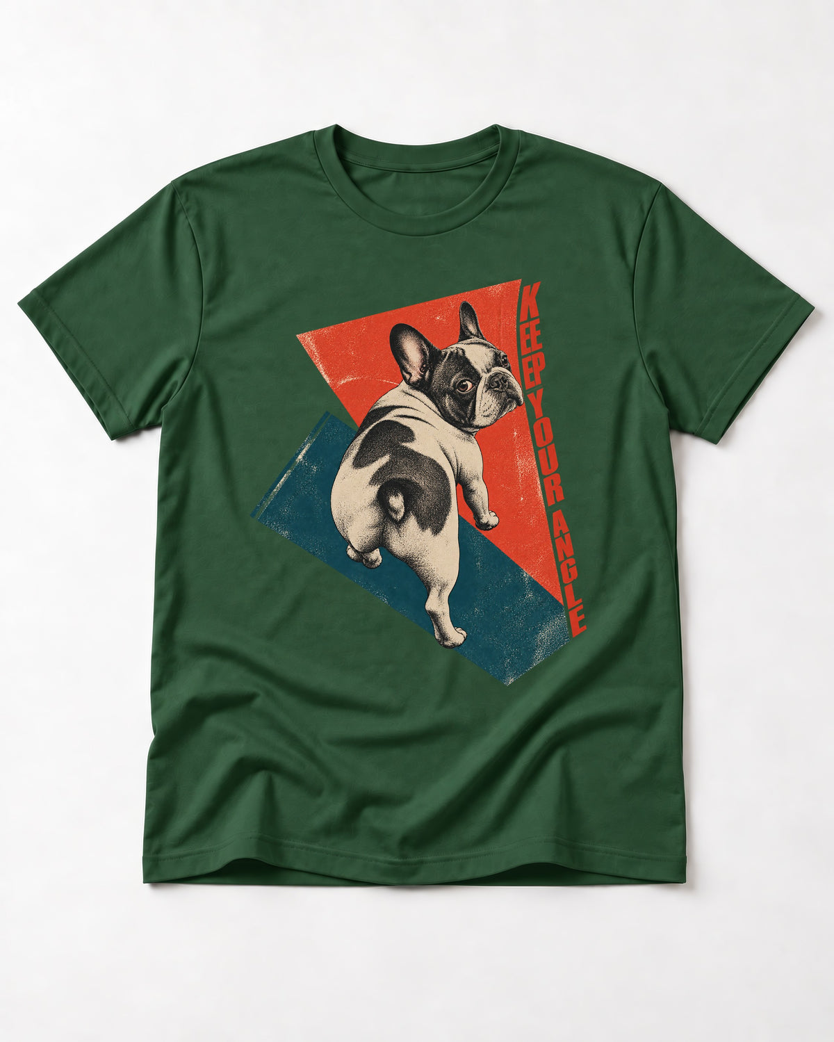 Frenchie Keep Your Angle Geometric Graphic T-Shirt in Forest Green, flat lay product photo