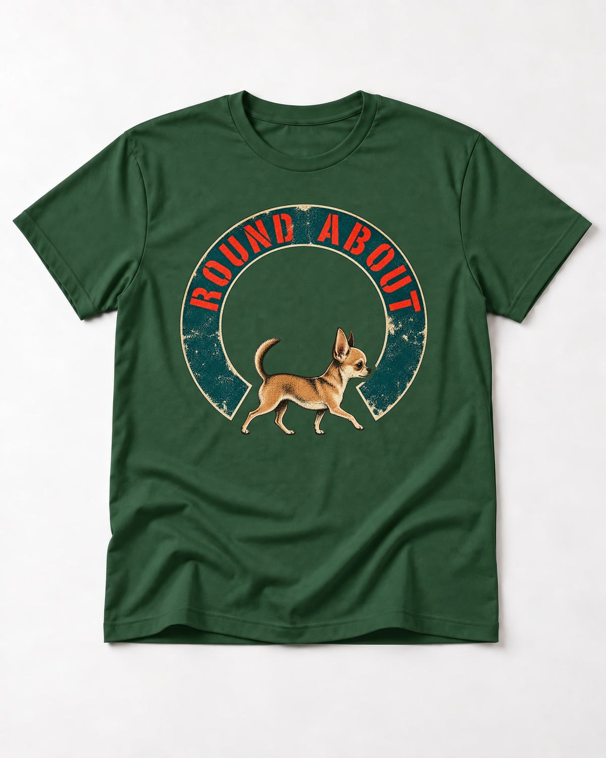 Round About Chihuahua Emblem Graphic T-Shirt in Forest Green, flat lay product photo