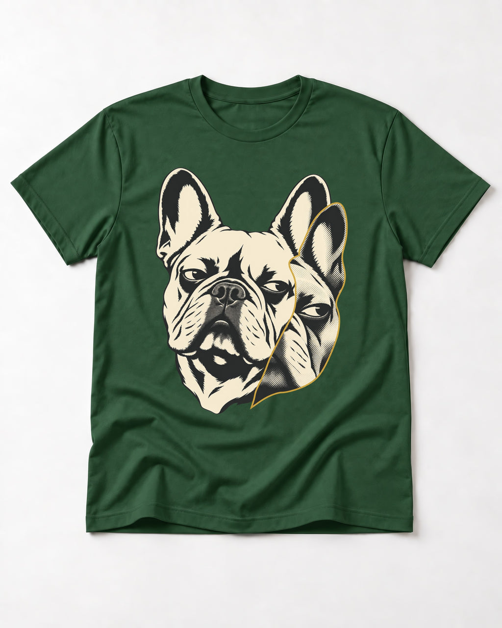 Frenchie Double Crop Side Eye Portrait Graphic T-Shirt in Forest Green, flat lay product photo