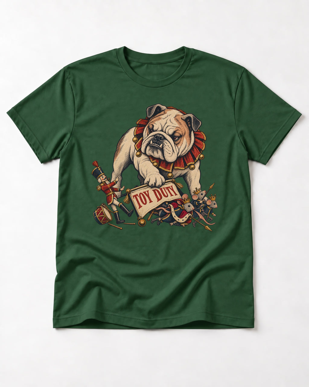 English Bulldog Toy Duty Nutcracker Mice T-Shirt in Forest Green, flat lay product photo