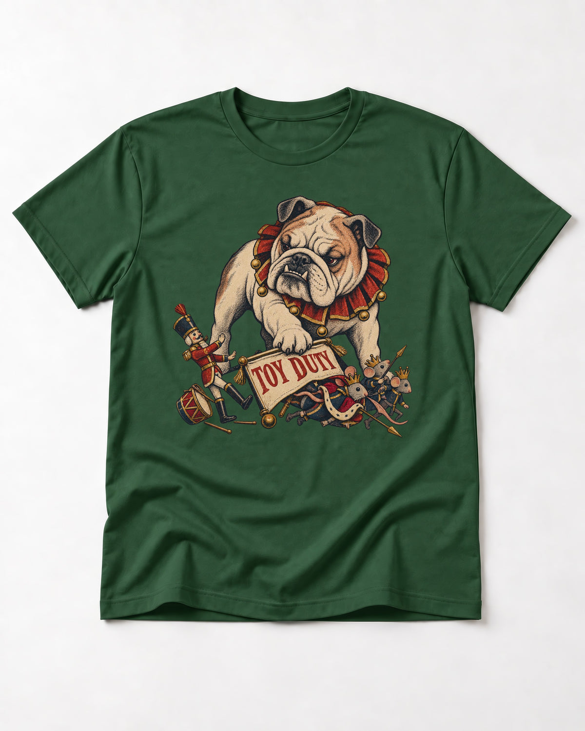 English Bulldog Toy Duty Nutcracker Mice T-Shirt in Forest Green, flat lay product photo