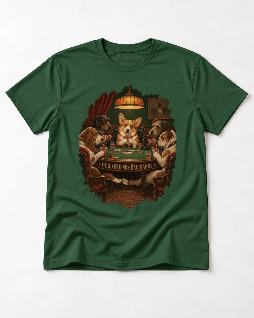 Corgi Good Friends Bad Hands Poker Night T-Shirt in Forest Green, flat lay product photo