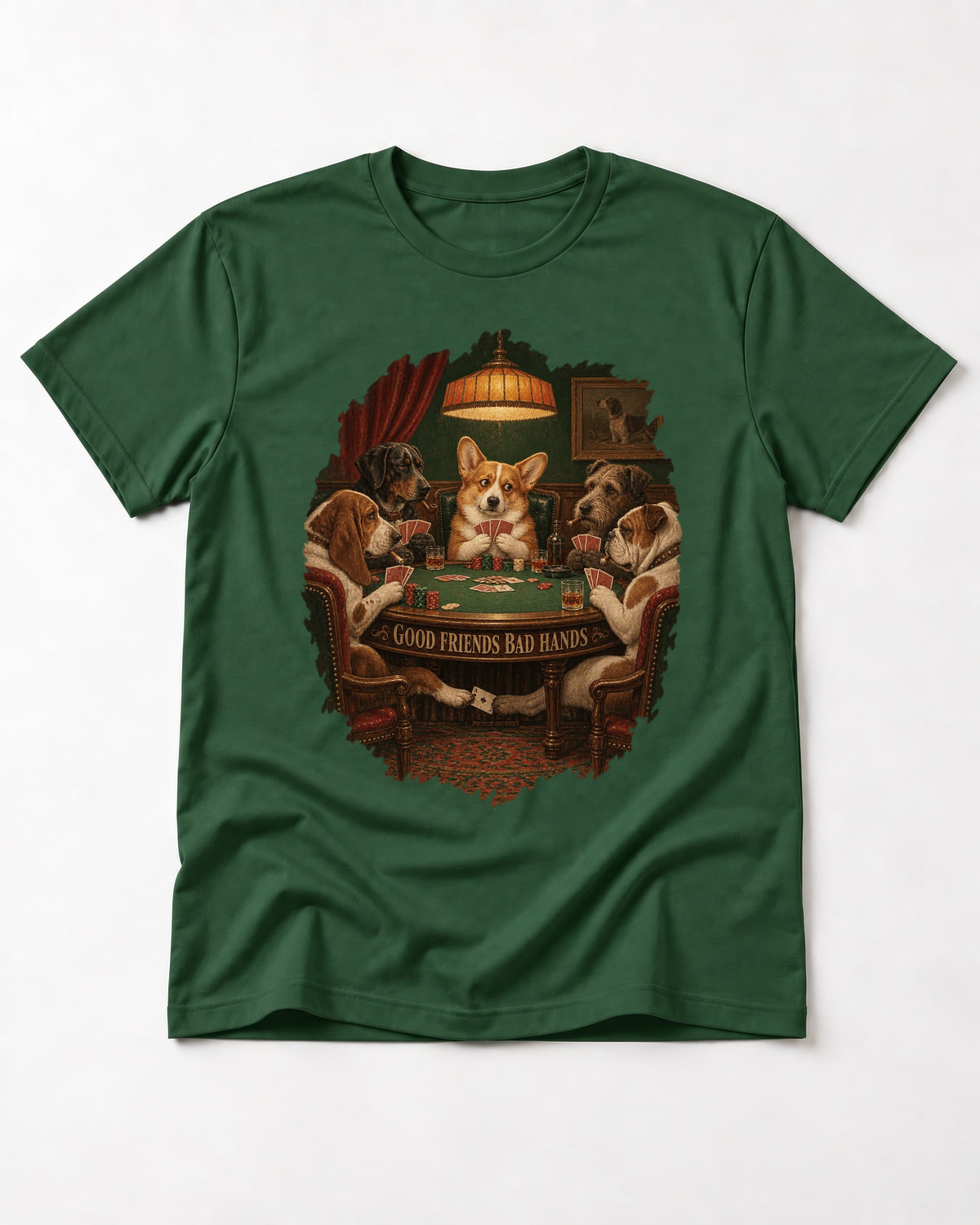 Corgi Good Friends Bad Hands Poker Night T-Shirt in Forest Green, flat lay product photo