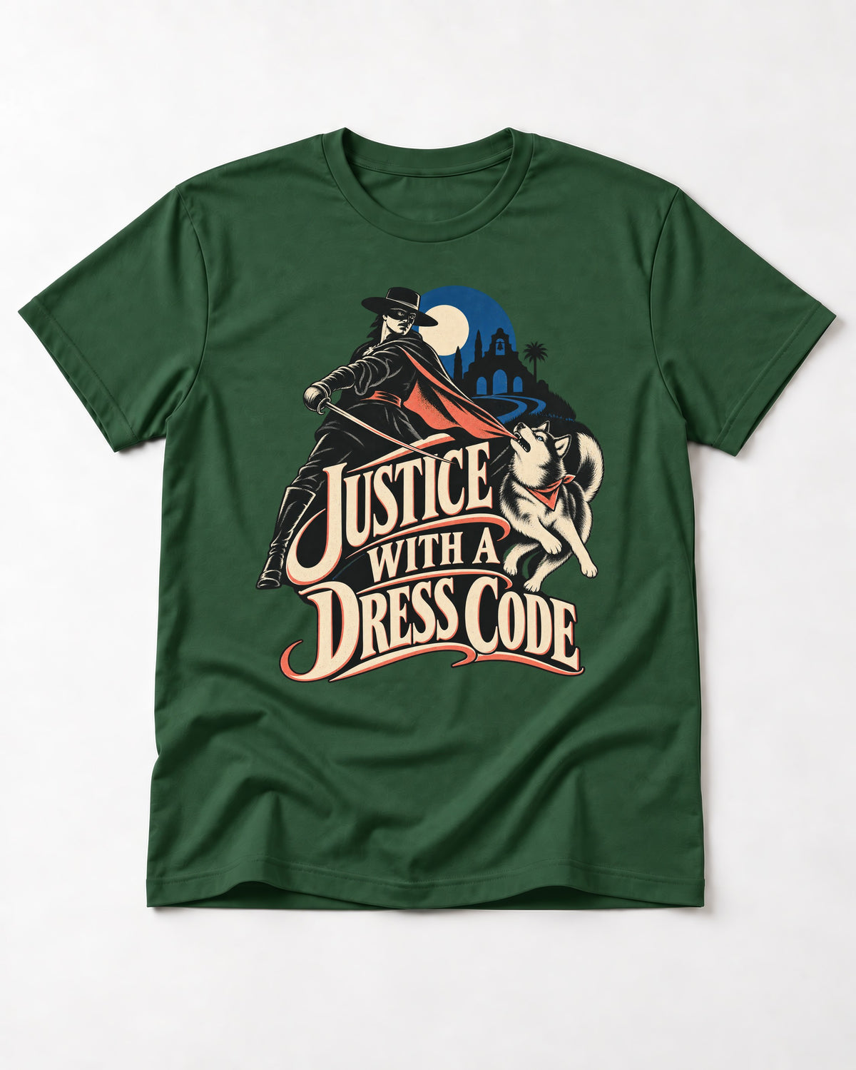 Husky Justice With A Dress Code Masked Swordsman Graphic T-Shirt in Forest Green, flat lay product photo
