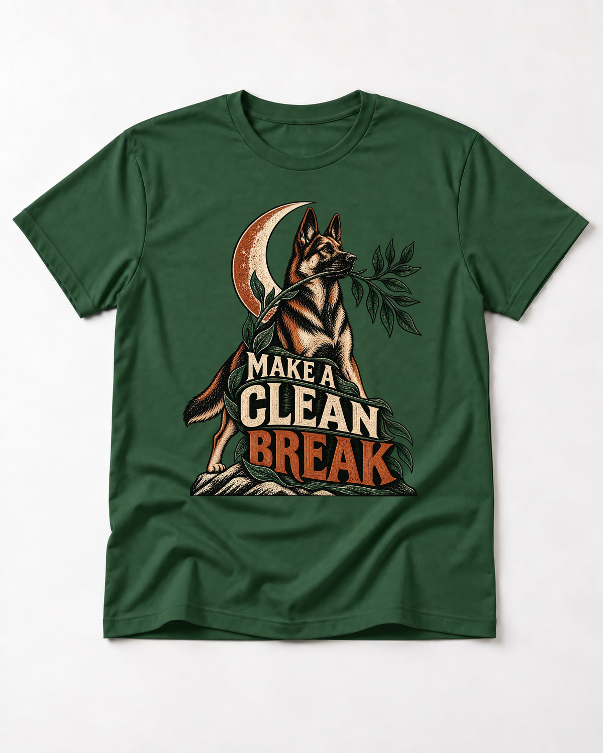 Make A Clean Break Crescent Botanical German Shepherd Dog Graphic T-Shirt in Forest Green, flat lay product photo