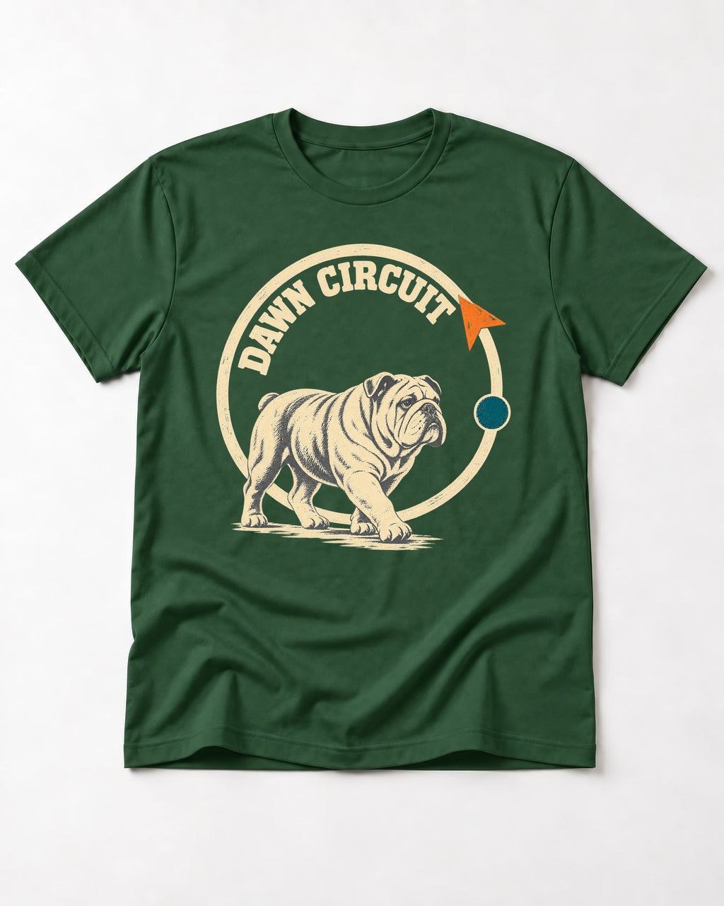 English Bulldog Dawn Circuit Emblem T-Shirt in Forest Green, flat lay product photo