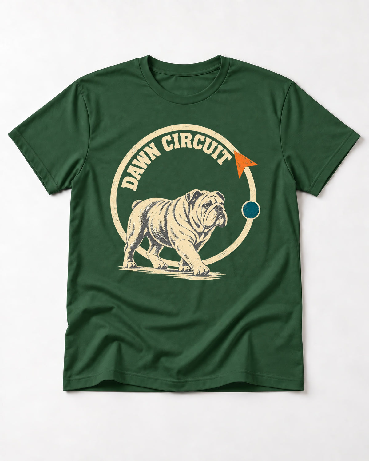 English Bulldog Dawn Circuit Emblem T-Shirt in Forest Green, flat lay product photo