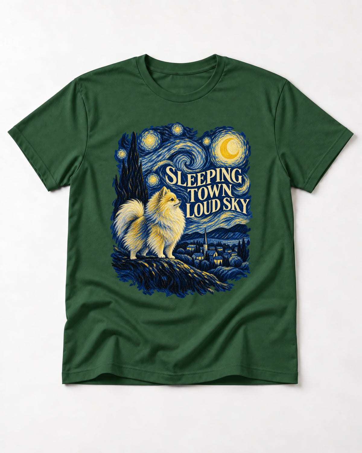 Pomeranian Sleeping Town Loud Sky Starry Night Graphic T-Shirt in Forest Green, flat lay product photo