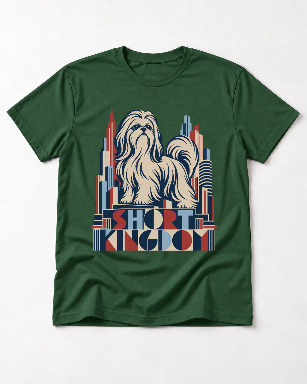 Shih Tzu Short Kingdom Art Deco Skyline Graphic T-Shirt in Forest Green, flat lay product photo
