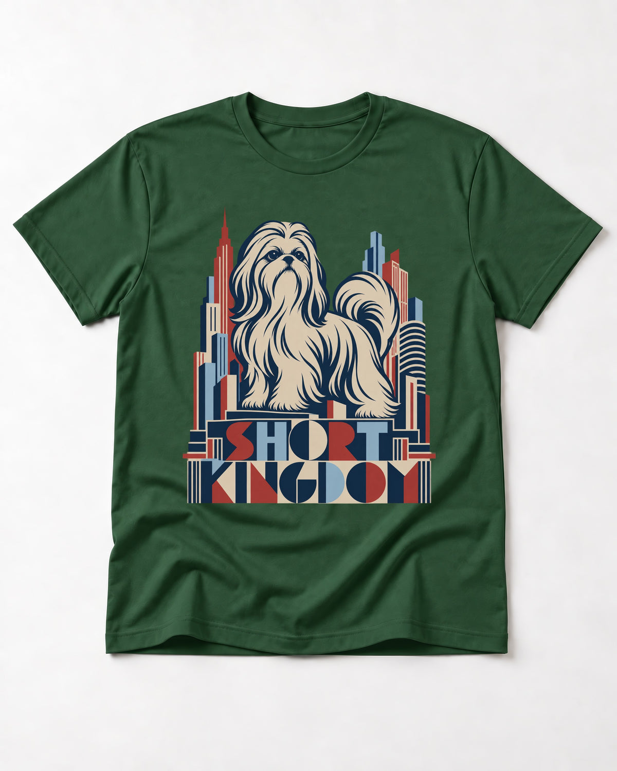 Shih Tzu Short Kingdom Art Deco Skyline Graphic T-Shirt in Forest Green, flat lay product photo