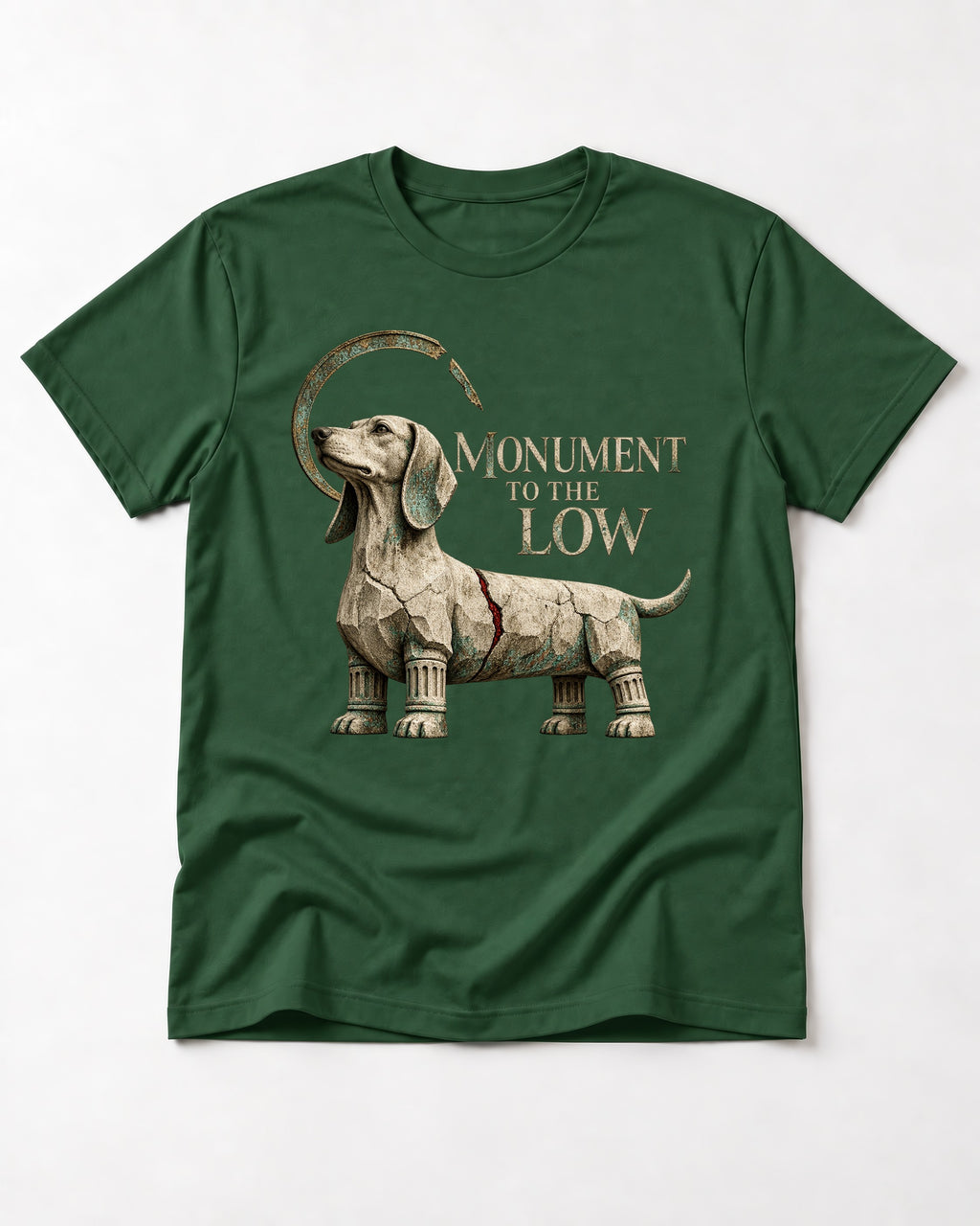 Dachshund Monument to the Low Stone Statue Graphic T-Shirt in Forest Green, flat lay product photo
