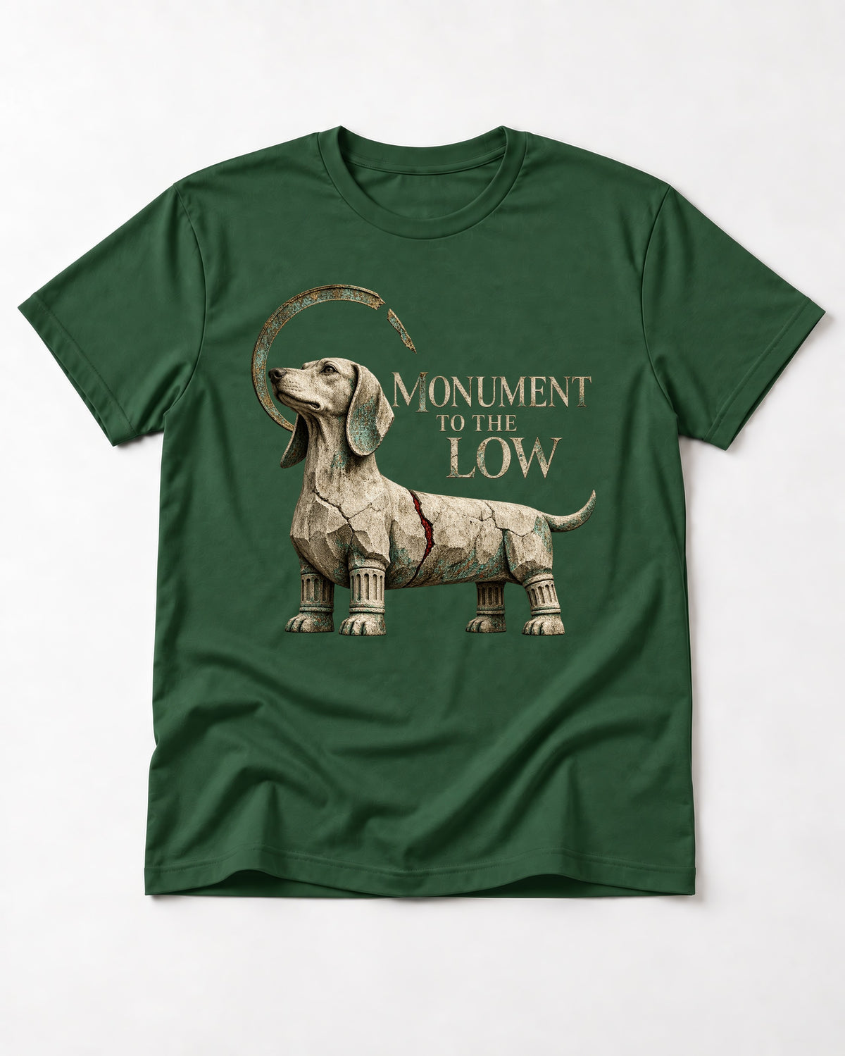 Dachshund Monument to the Low Stone Statue Graphic T-Shirt in Forest Green, flat lay product photo