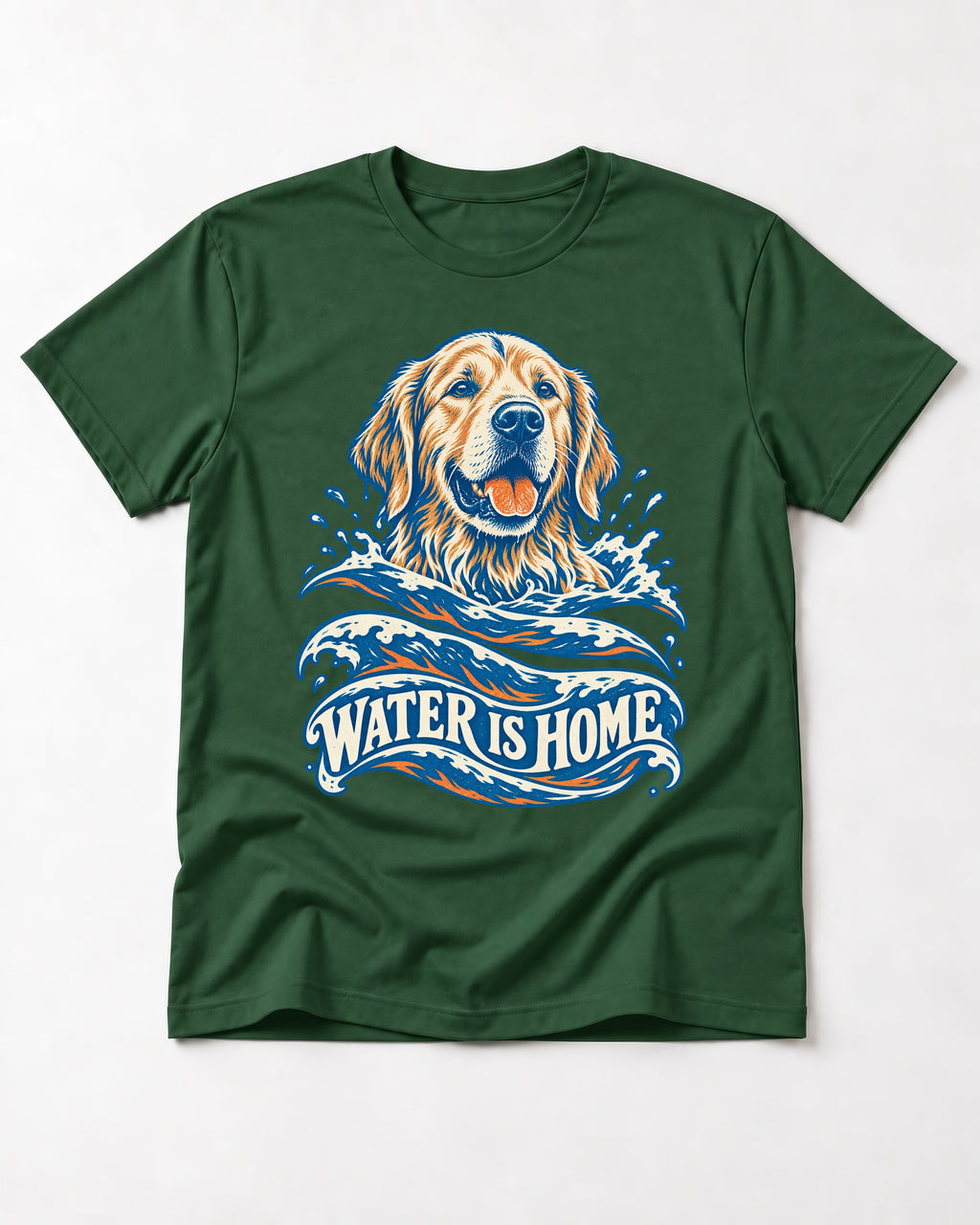 Golden Retriever Water Is Home Ocean Wave Graphic T-Shirt in Forest Green, flat lay product photo