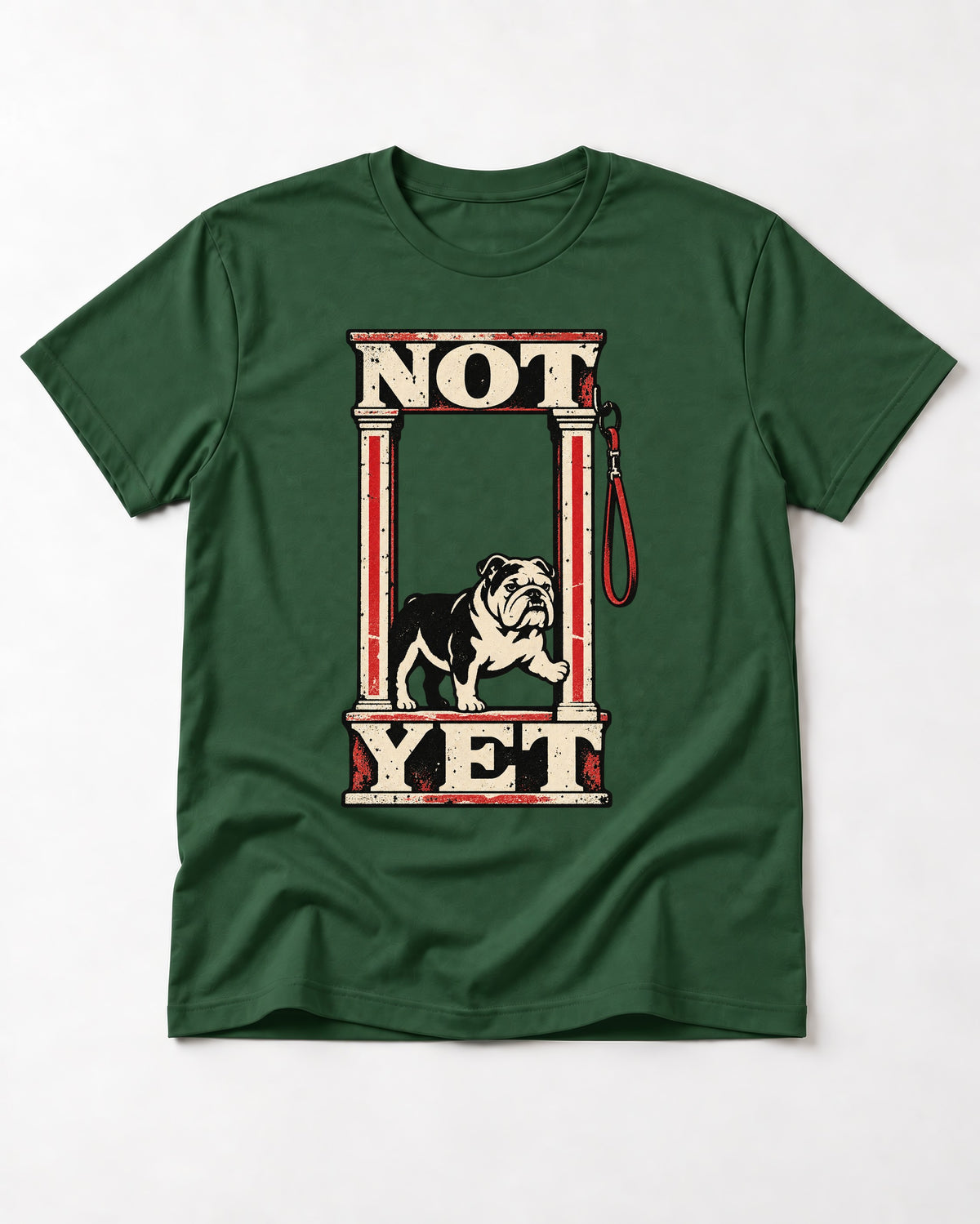 English Bulldog Not Yet Doorway Graphic T-Shirt in Forest Green, flat lay product photo