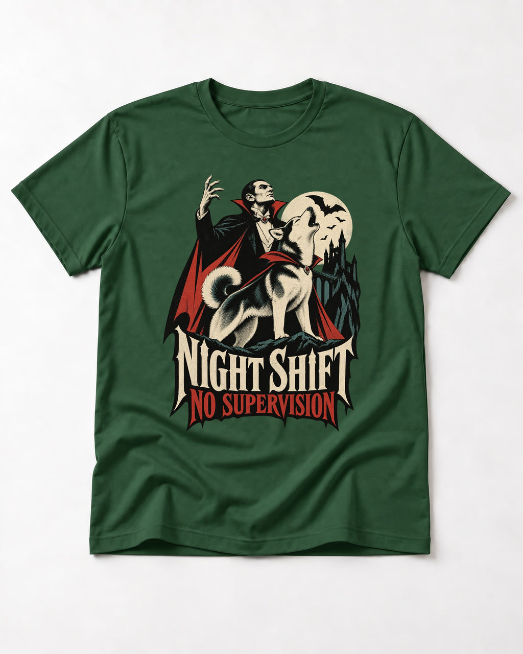 Husky Night Shift No Supervision Vampire Graphic T-Shirt in Forest Green, flat lay product photo