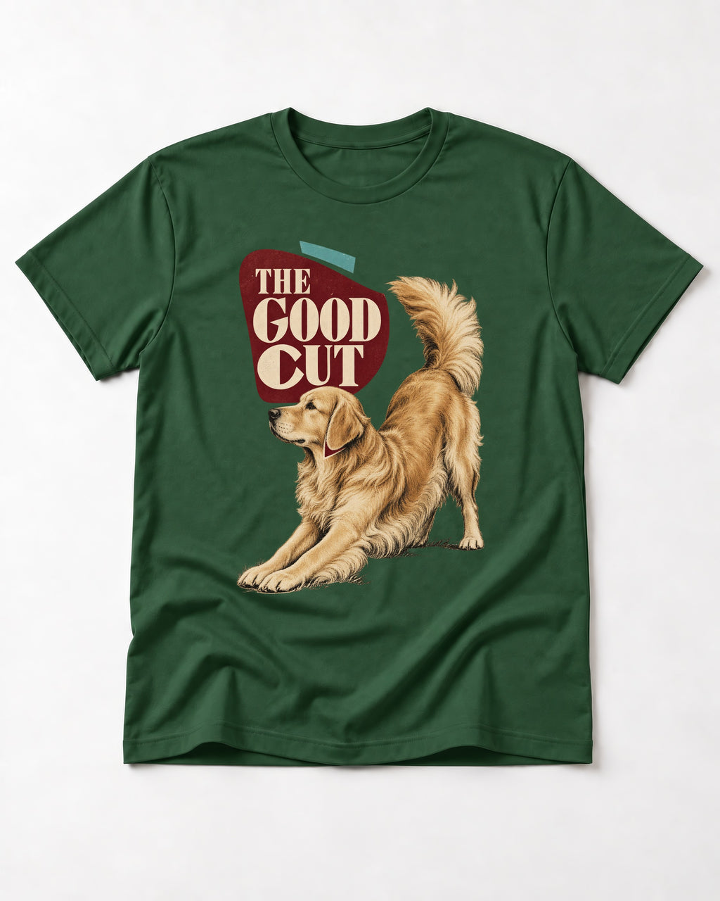 Golden Retriever The Good Cut Play Bow Graphic T-Shirt in Forest Green, flat lay product photo