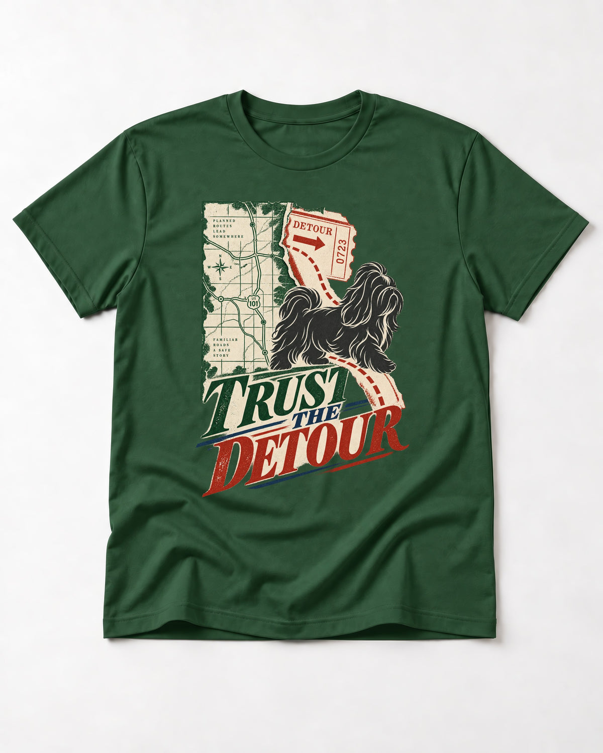 Shih Tzu Trust the Detour Road Map Graphic T-Shirt in Forest Green, flat lay product photo