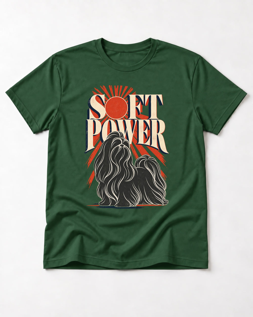 Shih Tzu Soft Power Sunburst Graphic T-Shirt in Forest Green, flat lay product photo