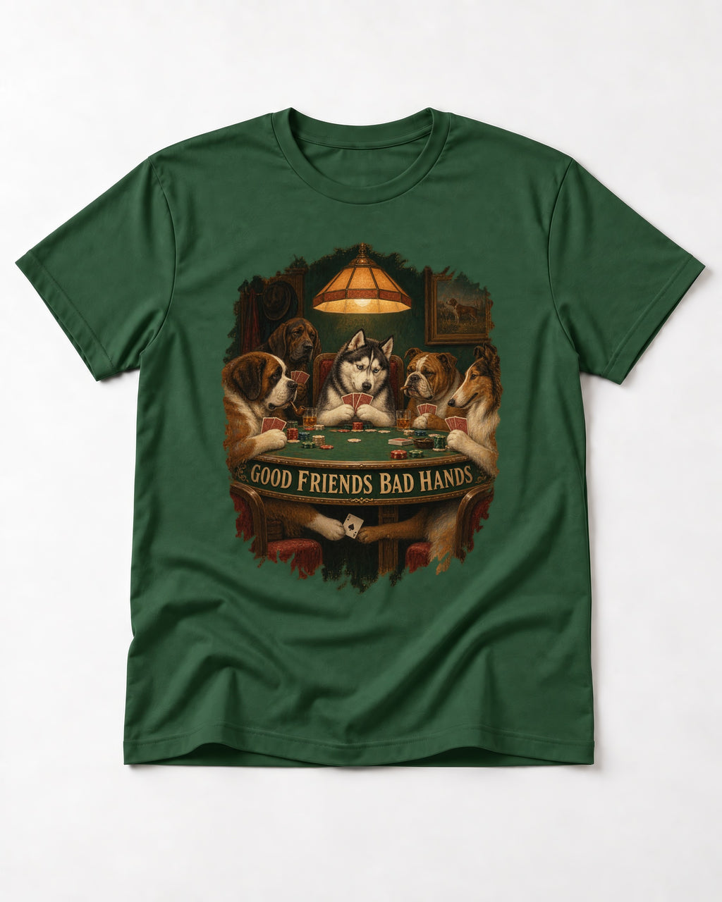 Husky Good Friends Bad Hands Poker Night Graphic T-Shirt in Forest Green, flat lay product photo
