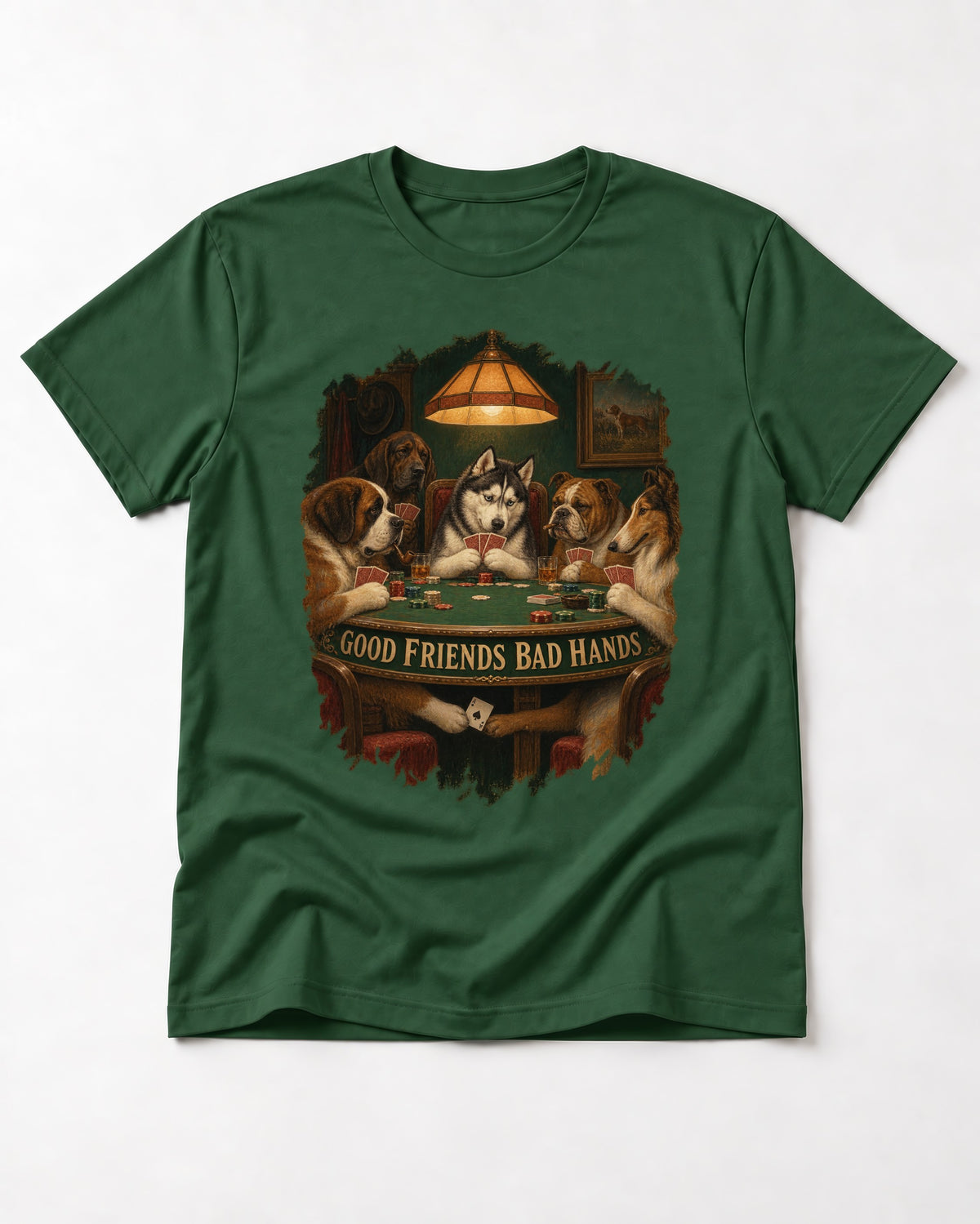 Husky Good Friends Bad Hands Poker Night Graphic T-Shirt in Forest Green, flat lay product photo