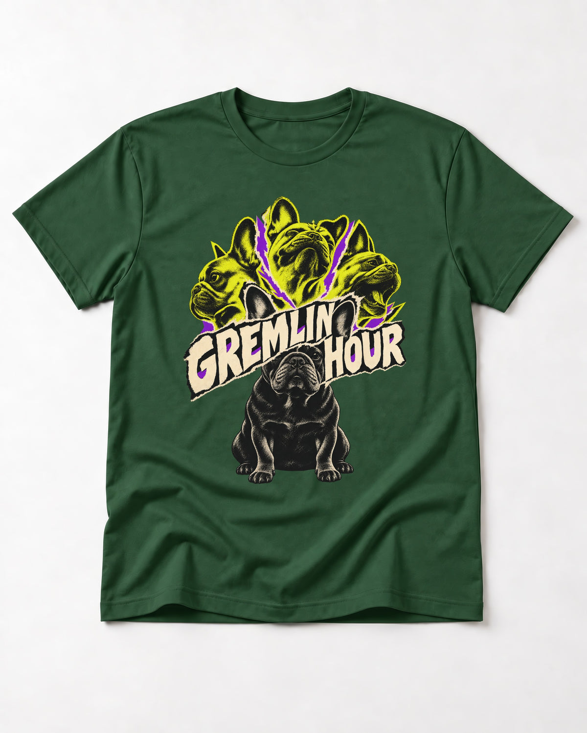 Frenchie Gremlin Hour Multi Portrait Graphic T-Shirt in Forest Green, flat lay product photo