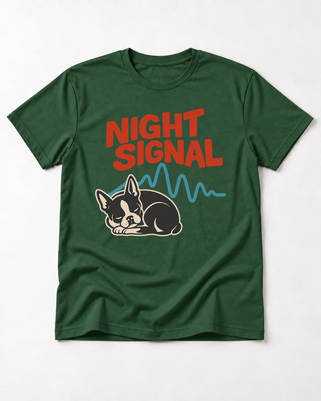 Boston Terrier Sleeping Night Signal T-Shirt in Forest Green, flat lay product photo