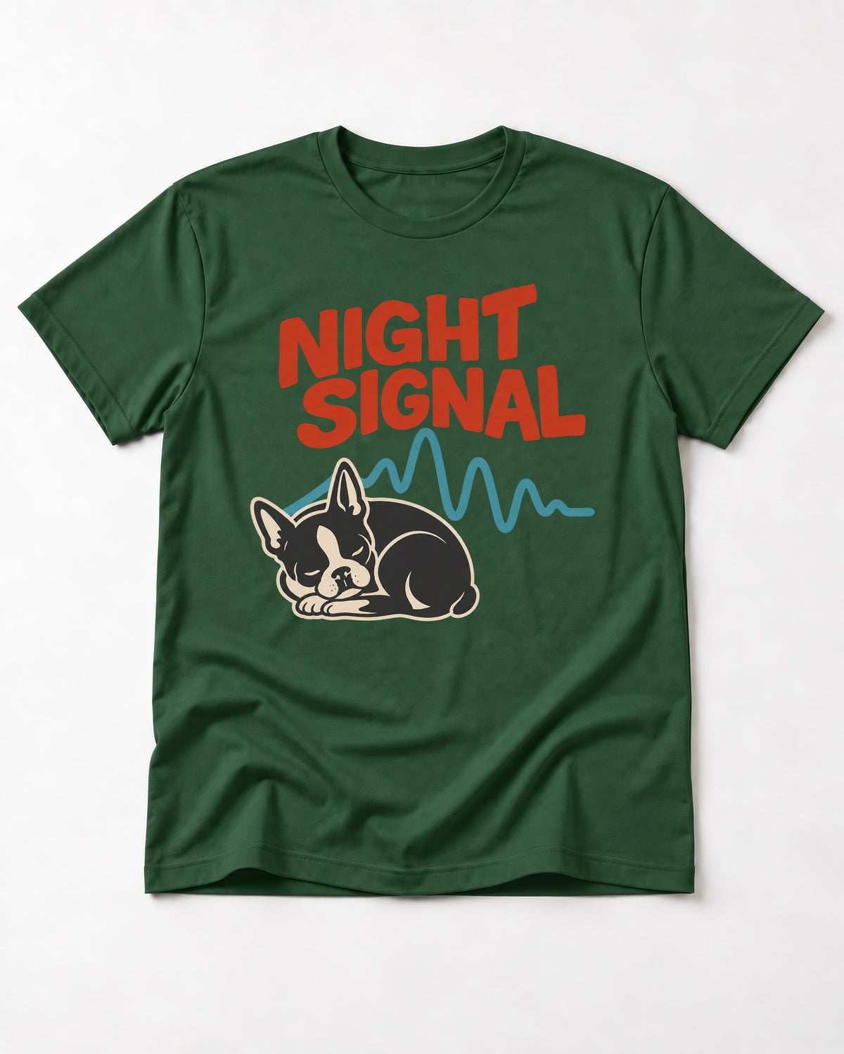 Boston Terrier Sleeping Night Signal T-Shirt in Forest Green, flat lay product photo