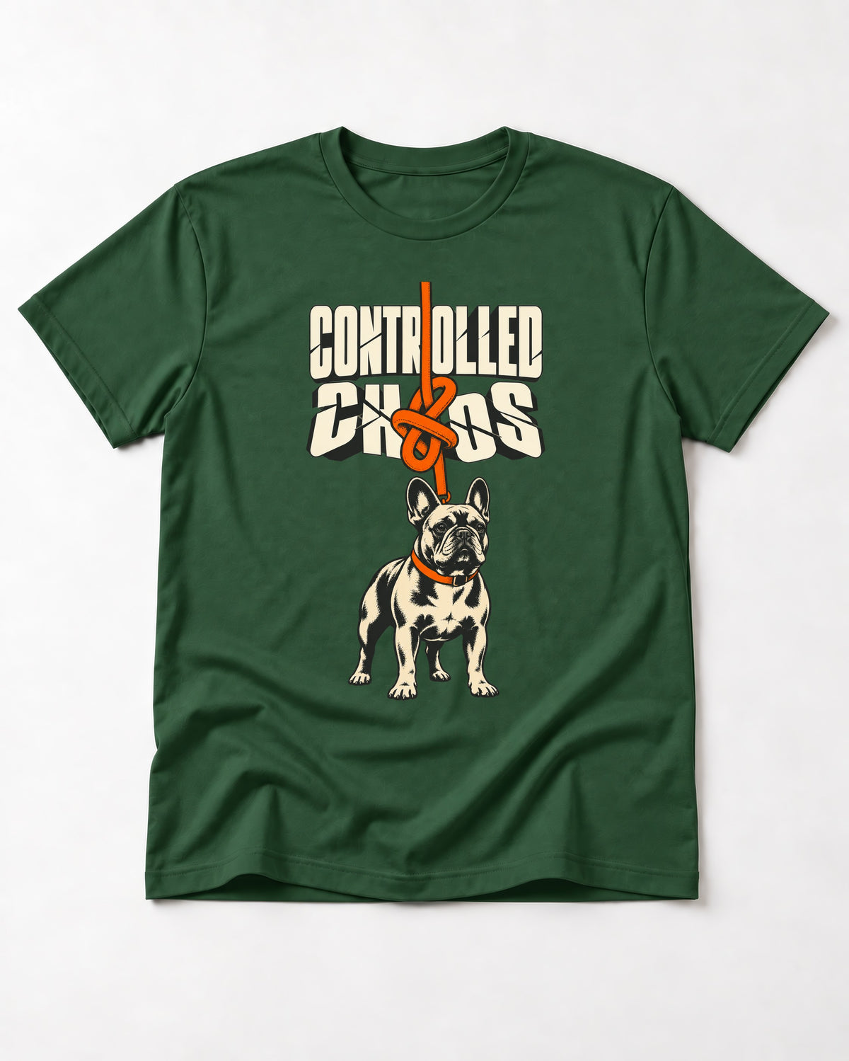 Frenchie Controlled Chaos Leash Knot Graphic T-Shirt in Forest Green, flat lay product photo