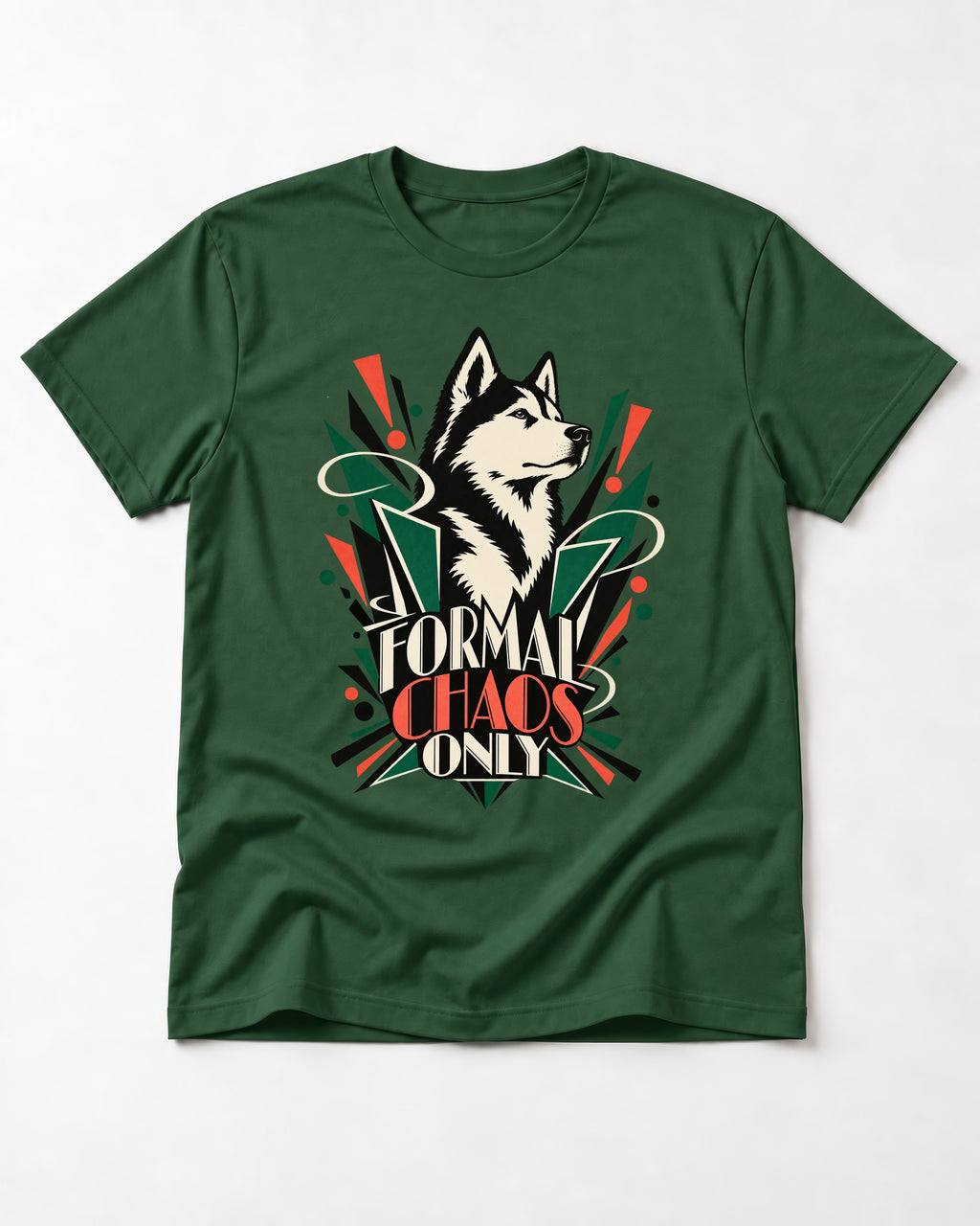 Husky Formal Chaos Only Art Deco Portrait Graphic T-Shirt in Forest Green, flat lay product photo