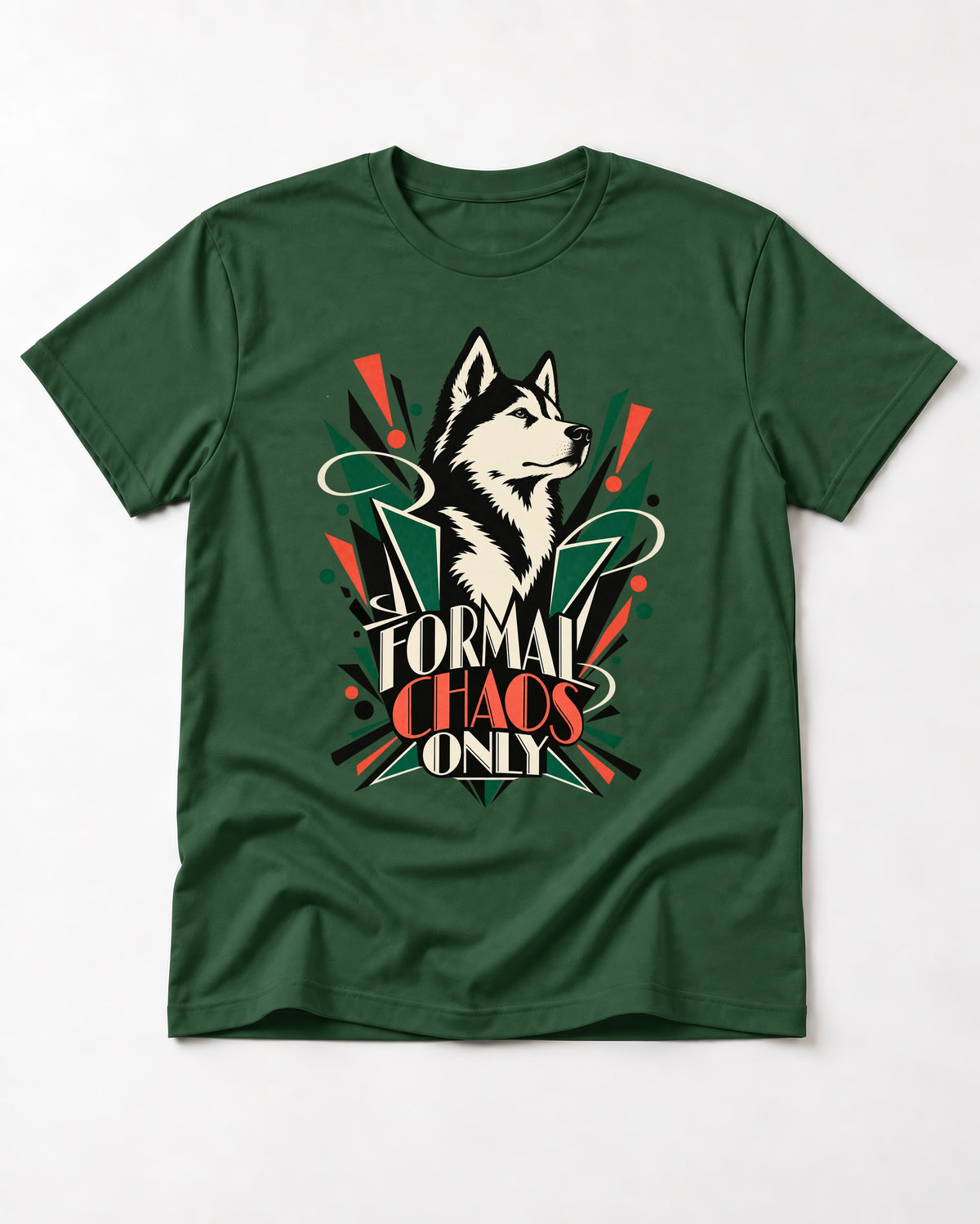 Husky Formal Chaos Only Art Deco Portrait Graphic T-Shirt in Forest Green, flat lay product photo
