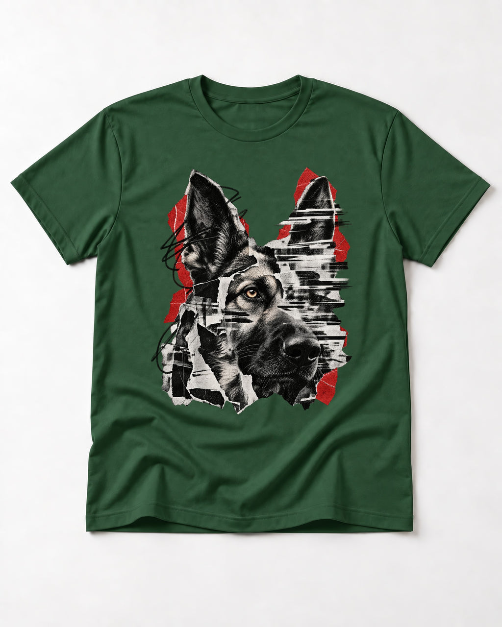 Black Signal Torn Collage German Shepherd Dog Portrait Graphic T-Shirt in Forest Green, flat lay product photo