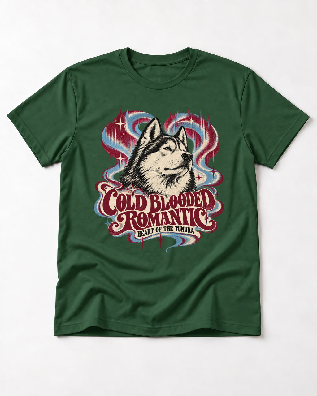 Husky Cold Blooded Romantic Heart of the Tundra Graphic T-Shirt in Forest Green, flat lay product photo