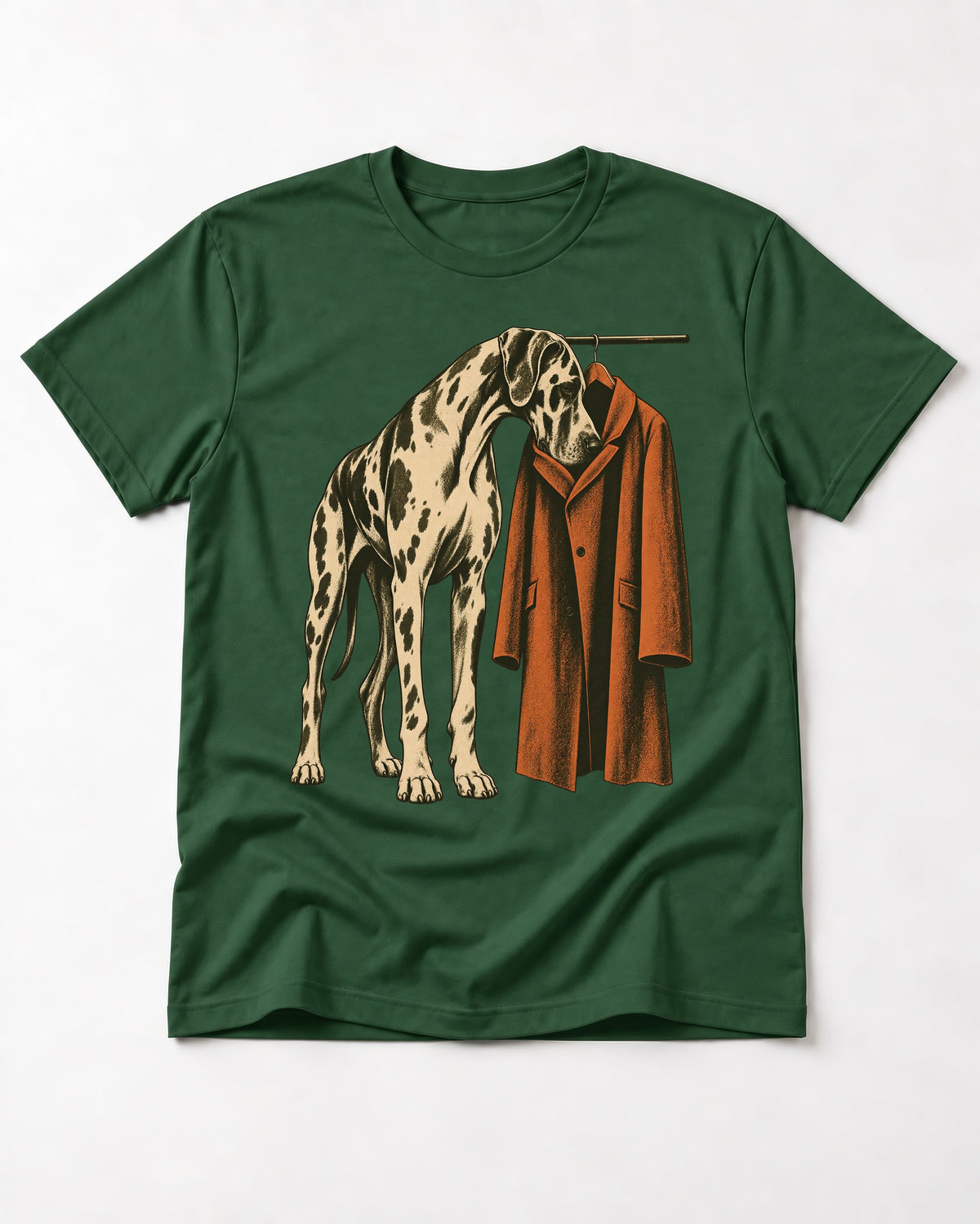 Great Dane Harlequin Coat Rack Overcoat Graphic T-Shirt in Forest Green, flat lay product photo