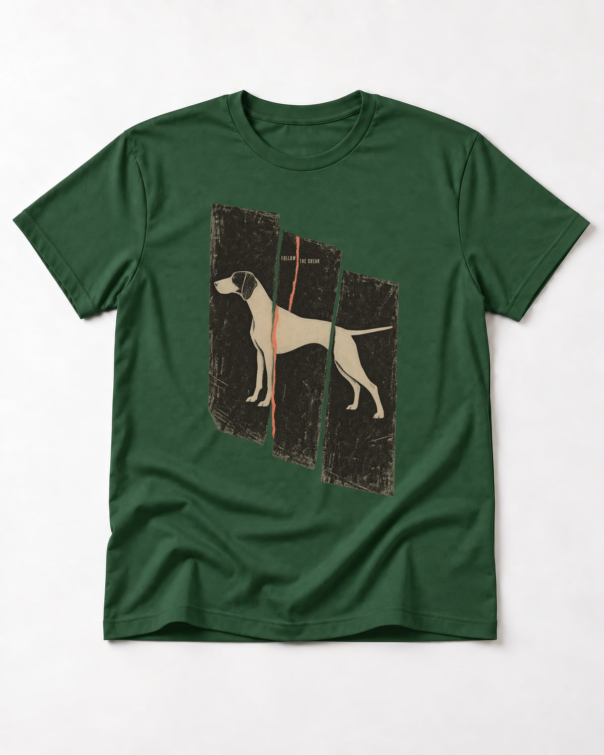 German Shorthaired Pointer Follow The Shear Split Panel Graphic T-Shirt in Forest Green, flat lay product photo