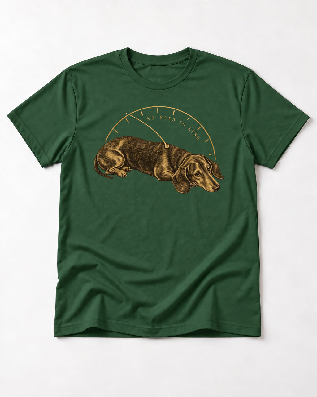 Dachshund No Need To Rush Gauge Graphic T-Shirt in Forest Green, flat lay product photo