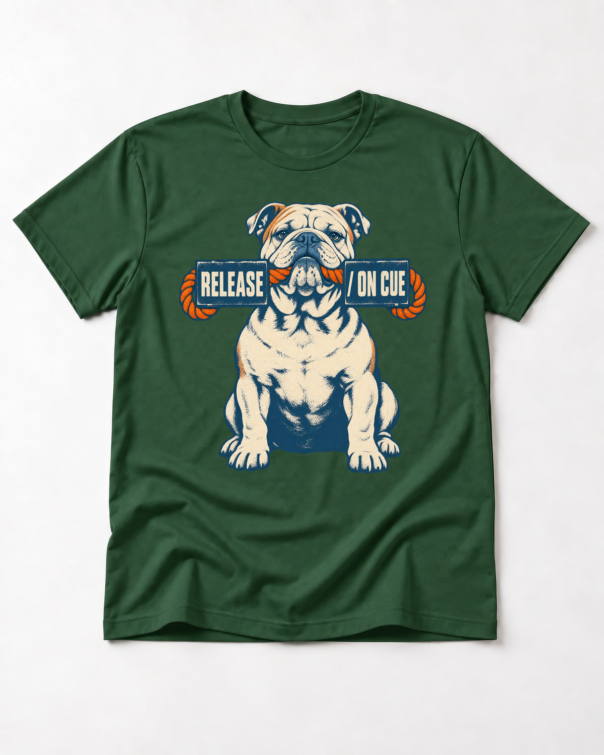 English Bulldog Release on Cue Rope Sign Graphic T-Shirt in Forest Green, flat lay product photo