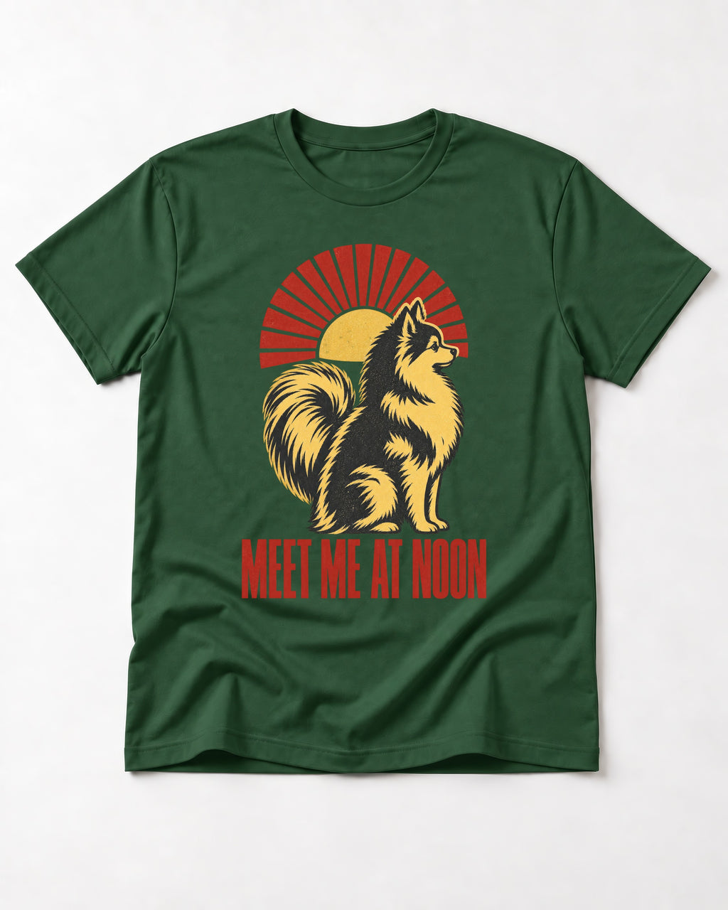 Pomeranian Meet Me at Noon Sunburst Graphic T-Shirt in Forest Green, flat lay product photo