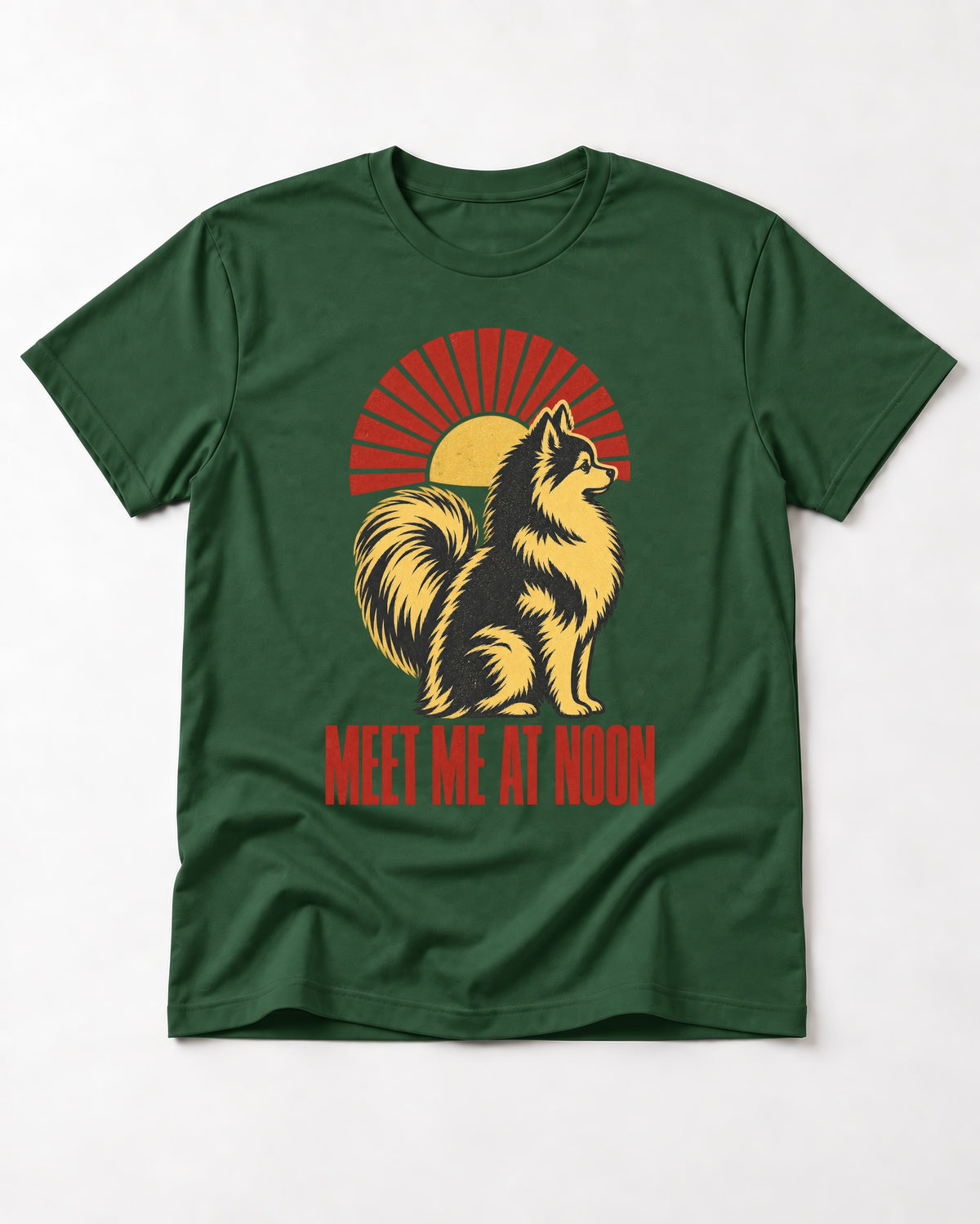 Pomeranian Meet Me at Noon Sunburst Graphic T-Shirt in Forest Green, flat lay product photo