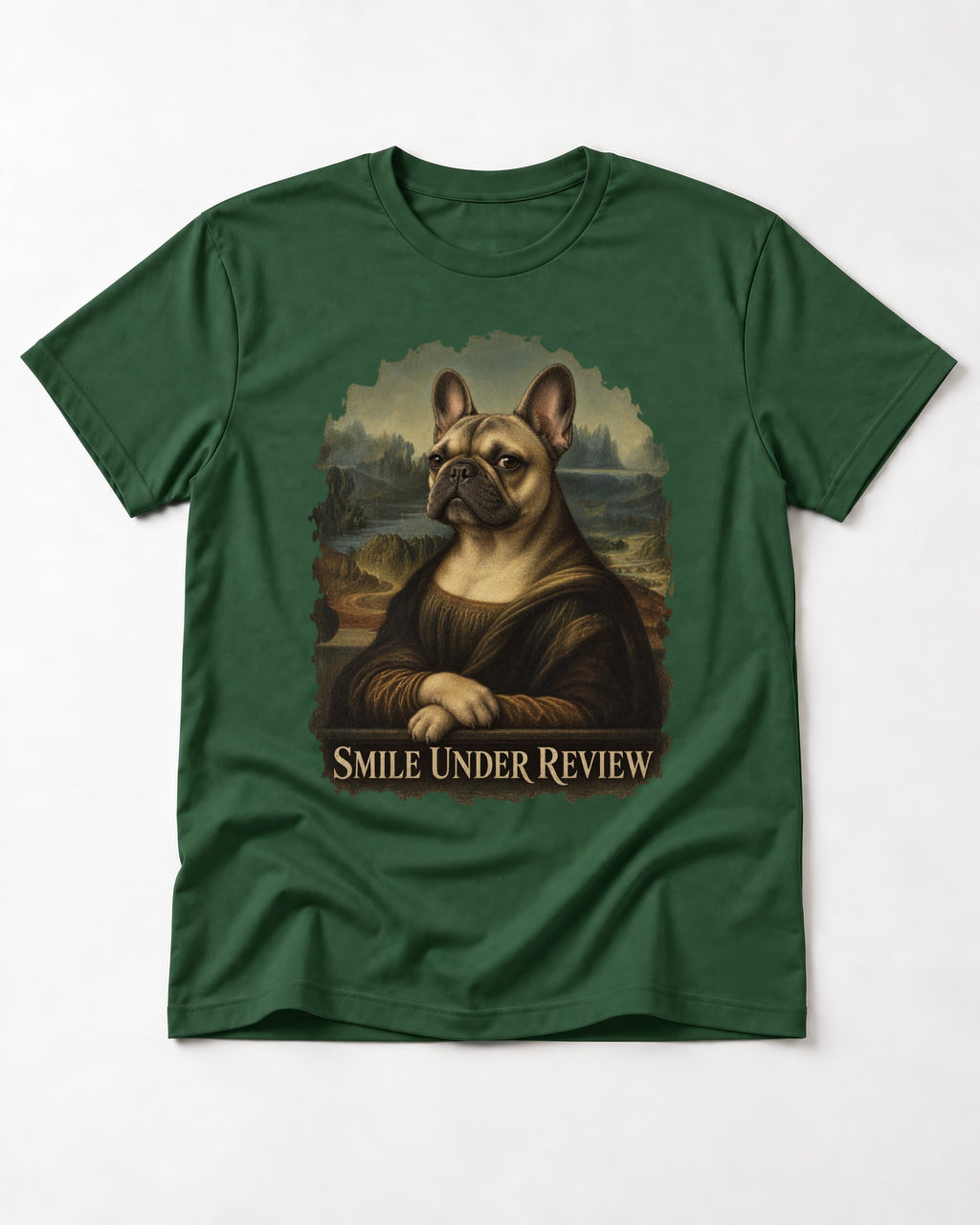 Frenchie Smile Under Review Renaissance Portrait T-Shirt in Forest Green, flat lay product photo