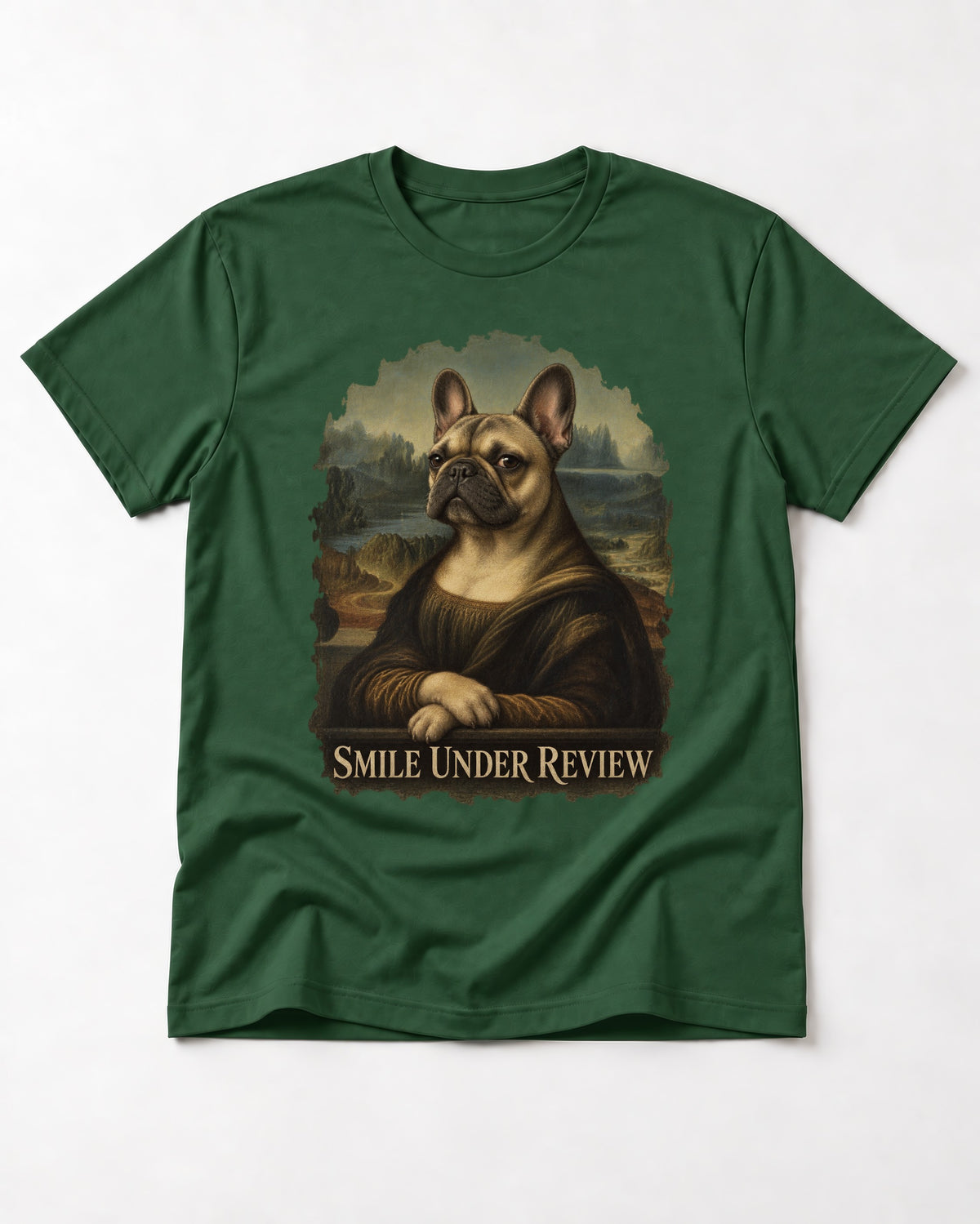 Frenchie Smile Under Review Renaissance Portrait T-Shirt in Forest Green, flat lay product photo