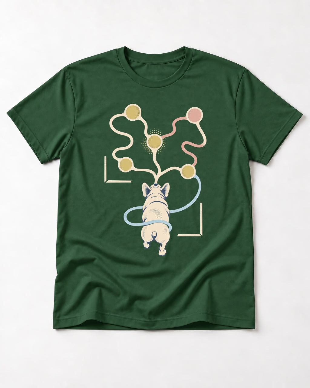 Frenchie Scent Circuit Rear View Graphic T-Shirt in Forest Green, flat lay product photo