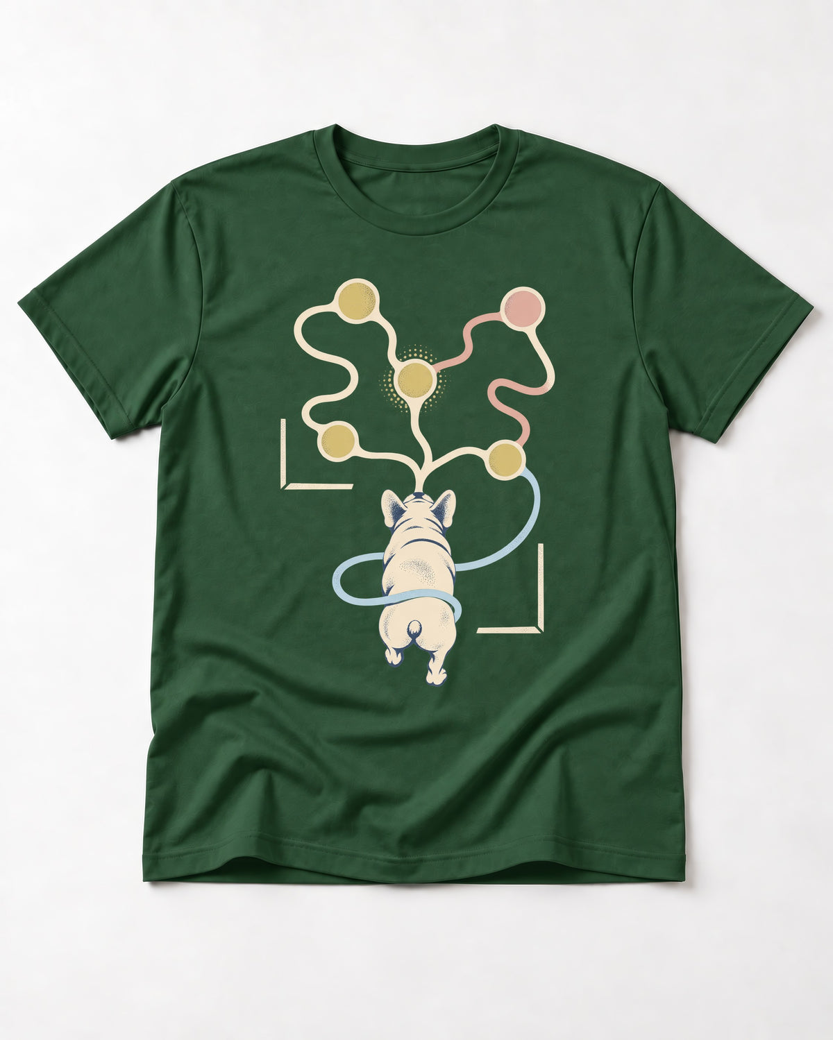 Frenchie Scent Circuit Rear View Graphic T-Shirt in Forest Green, flat lay product photo