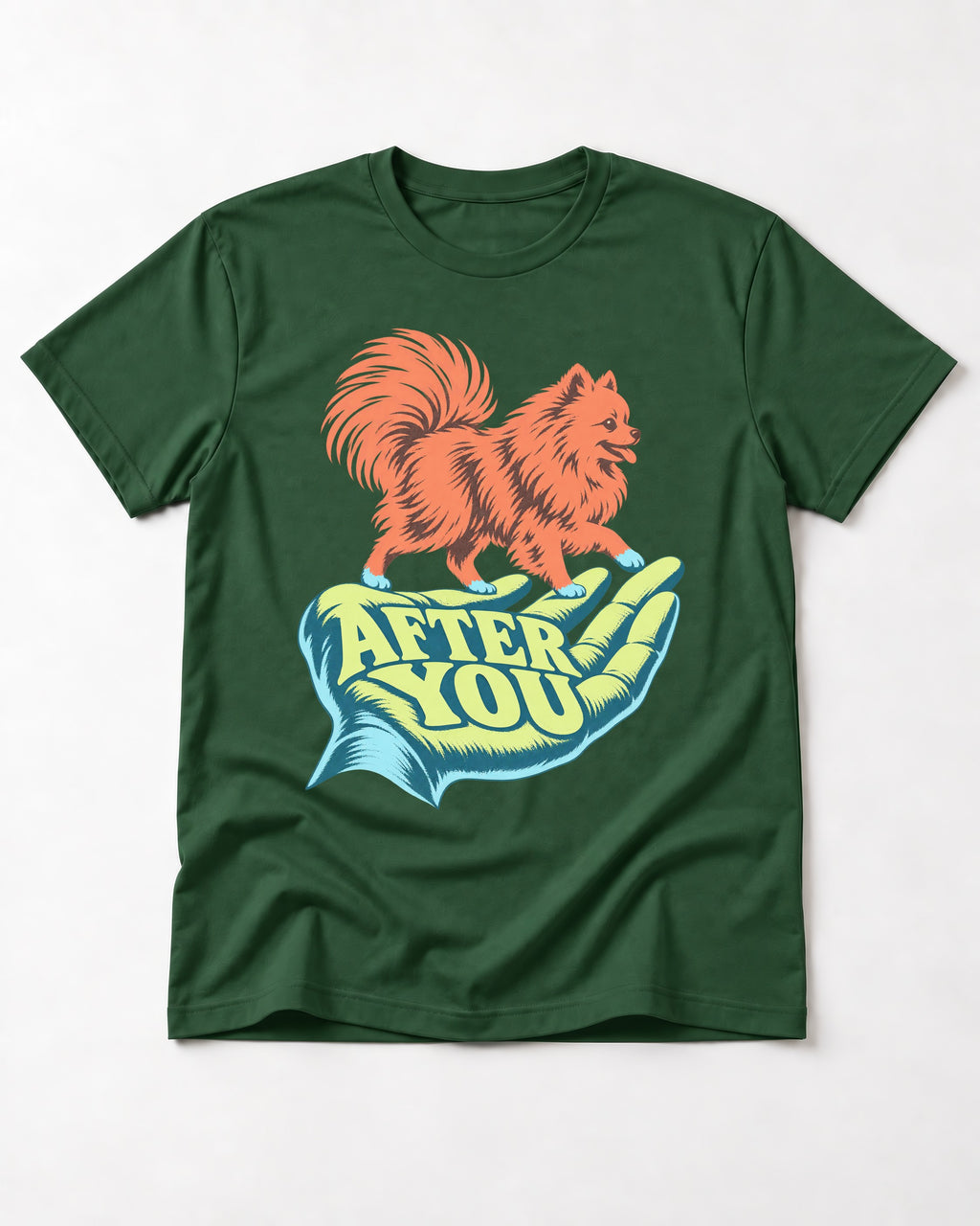 Pomeranian After You Helping Hand Graphic T-Shirt in Forest Green, flat lay product photo