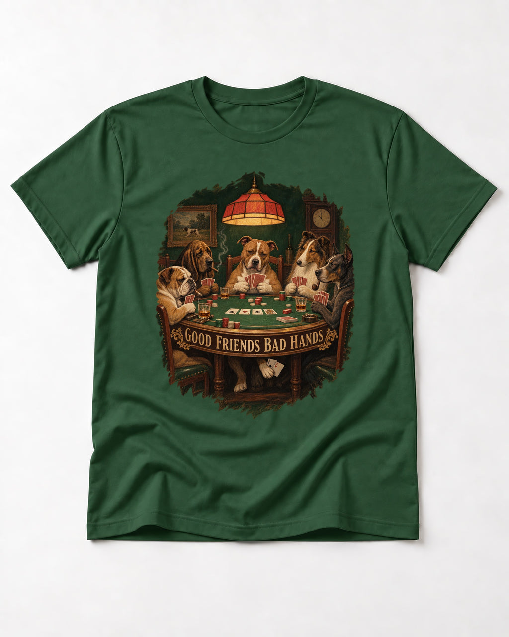 Pitbull Good Friends Bad Hands Poker Night Graphic T-Shirt in Forest Green, flat lay product photo