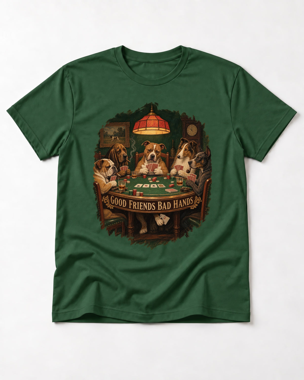 Pitbull Good Friends Bad Hands Poker Night Graphic T-Shirt in Forest Green, flat lay product photo
